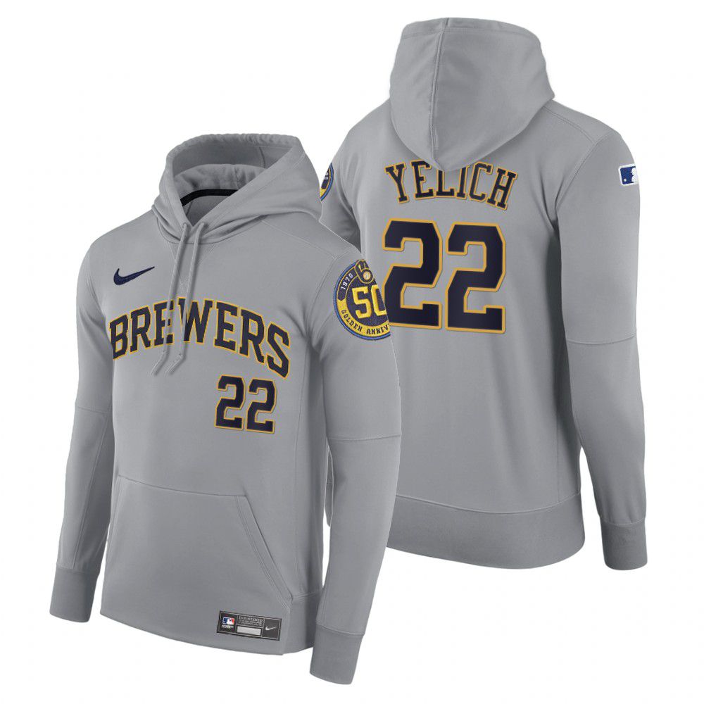 Men Milwaukee Brewers #22 Yelich gray road hoodie 2021 MLB Nike Jerseys